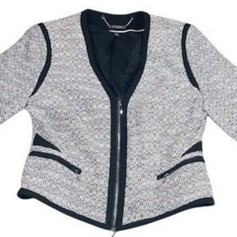 White House Black Market Marled‎ Knit Jacket Full Zip Size 6 Grey Black Piping
